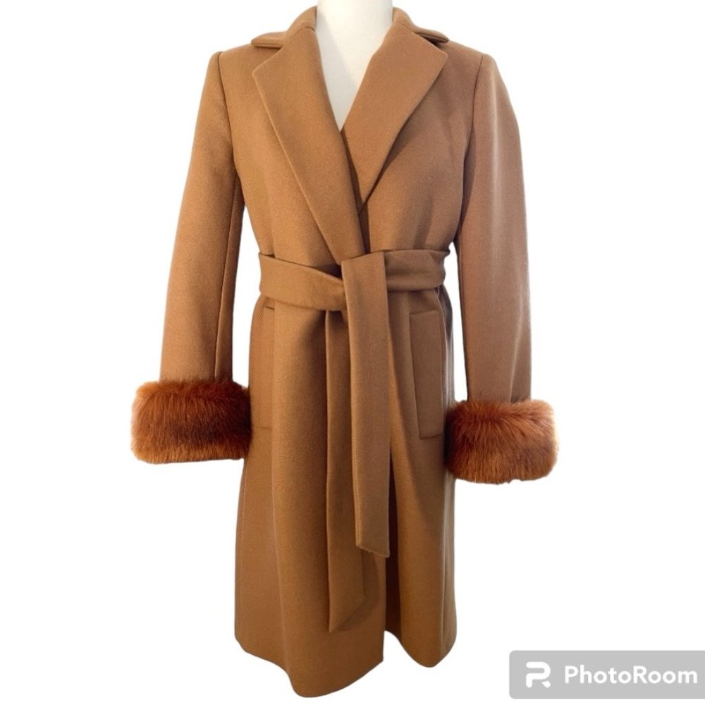 ZARA Camel Lapel Faux Fur Cuff Belted Coat SMALL